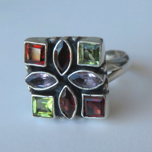 Natural Garnets Amethysts Peridots In Sterling Silver Mosaic Ring. Size 8.25 - Picture 7 of 17